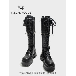 Visual focus 龐克辣妹騎士靴女重金屬鉚釘時裝靴小衆厚底長筒靴