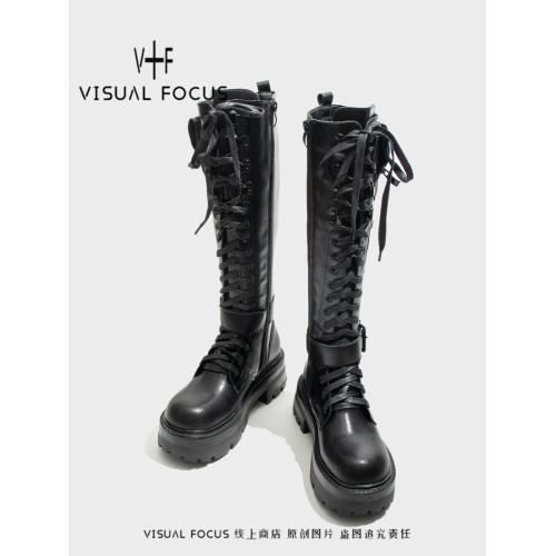 Visual focus 龐克辣妹騎士靴女重金屬鉚釘時裝靴小衆厚底長筒靴