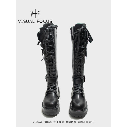 Visual focus 龐克辣妹騎士靴女重金屬鉚釘時裝靴小衆厚底長筒靴