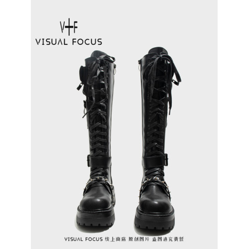 Visual focus 龐克辣妹騎士靴女重金屬鉚釘時裝靴小衆厚底長筒靴