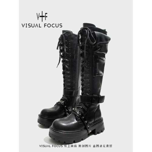 Visual focus 龐克辣妹騎士靴女重金屬鉚釘時裝靴小衆厚底長筒靴