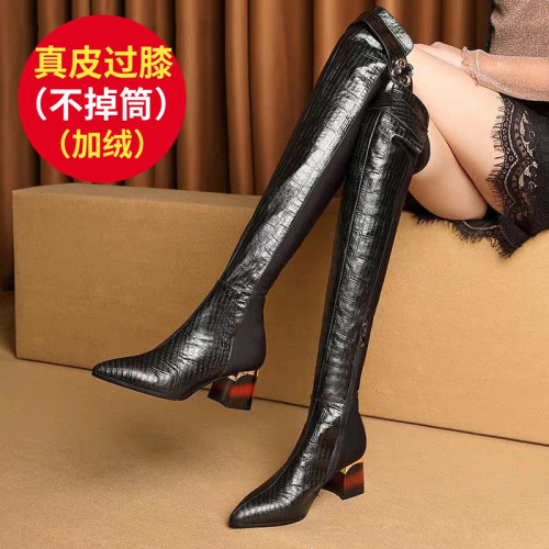 真皮過膝長靴女2025冬新中跟加絨高筒彈力靴粗高跟騎士靴