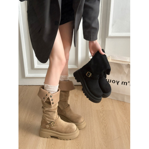 兩穿不過膝長筒靴子女2026秋冬新款厚底絨面粗跟堆堆靴增高騎士靴