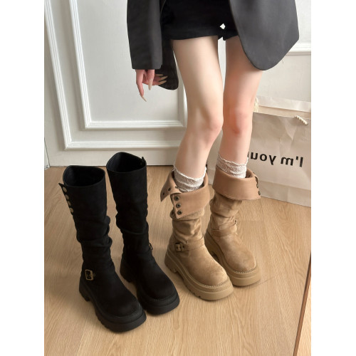 兩穿不過膝長筒靴子女2026秋冬新款厚底絨面粗跟堆堆靴增高騎士靴