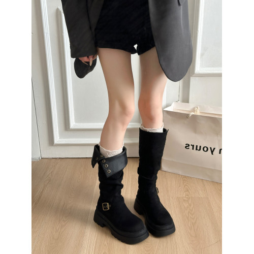 兩穿不過膝長筒靴子女2026秋冬新款厚底絨面粗跟堆堆靴增高騎士靴