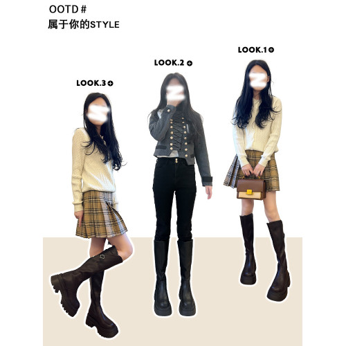 時尚部落彈力不過膝長筒靴子女2026年秋冬季新款後拉鍊厚底高筒靴