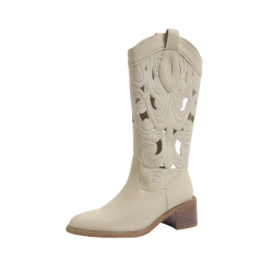 刺綉復古西部牛仔靴鏤空夏季薄款長靴女夏天透氣時裝靴中筒騎士靴