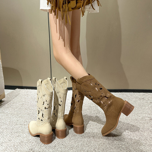 刺綉復古西部牛仔靴鏤空夏季薄款長靴女夏天透氣時裝靴中筒騎士靴