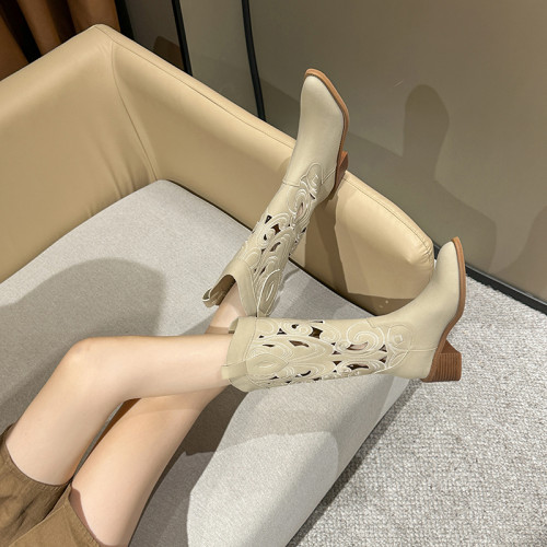 刺綉復古西部牛仔靴鏤空夏季薄款長靴女夏天透氣時裝靴中筒騎士靴