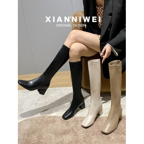 長筒靴女2025春秋彈力靴瘦瘦粗跟方頭及膝靴高筒不過膝騎士靴子女