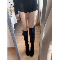 兩穿絨面長筒靴女2026新款秋冬季尖頭高跟靴過膝西部堆堆騎士靴子