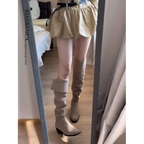 兩穿絨面長筒靴女2026新款秋冬季尖頭高跟靴過膝西部堆堆騎士靴子