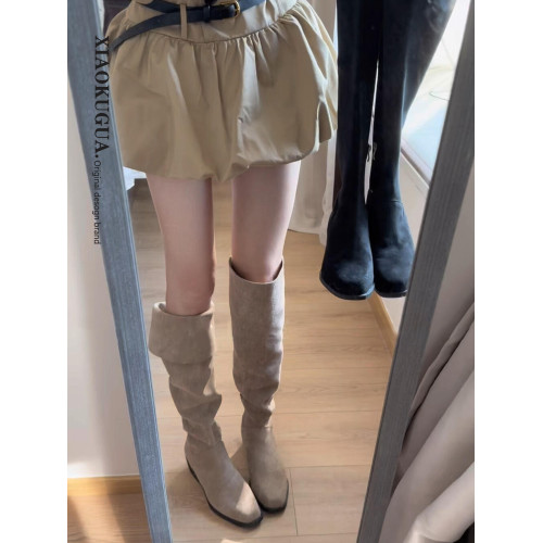 兩穿絨面長筒靴女2026新款秋冬季尖頭高跟靴過膝西部堆堆騎士靴子