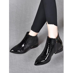 真皮氣質粗跟短靴女2024秋冬新款加絨尖頭短筒低跟酒紅色單靴漆皮