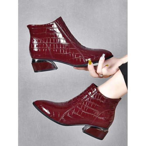 真皮氣質粗跟短靴女2024秋冬新款加絨尖頭短筒低跟酒紅色單靴漆皮 真皮氣質粗跟短靴女2024秋冬新款加絨尖頭短筒低跟酒紅色單靴漆皮