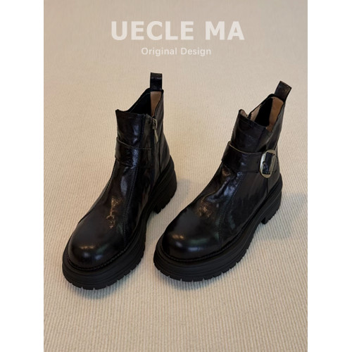 真皮厚底短靴女百搭2025秋冬新款巨好看馬丁靴子黑色側拉鍊瘦瘦靴 真皮厚底短靴女百搭2025秋冬新款巨好看馬丁靴子黑色側拉鍊瘦瘦靴