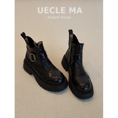 真皮厚底短靴女百搭2025秋冬新款巨好看馬丁靴子黑色側拉鍊瘦瘦靴 真皮厚底短靴女百搭2025秋冬新款巨好看馬丁靴子黑色側拉鍊瘦瘦靴