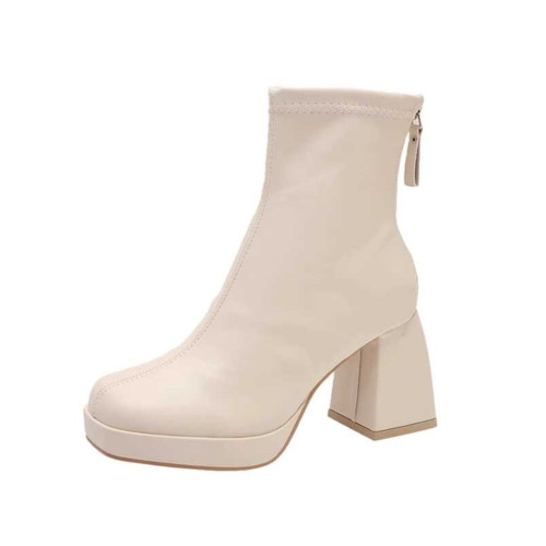 方頭白色高跟短靴女秋季厚底馬丁靴粗跟彈力靴防水台小踝靴瘦瘦靴