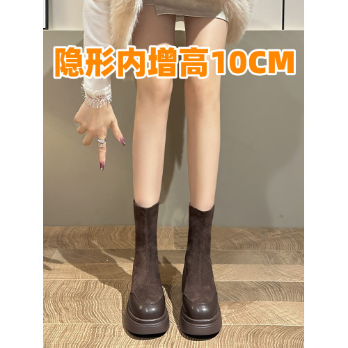 厚底馬丁靴女2025正流行新款加絨高跟短靴內增高小個子彈力瘦瘦靴