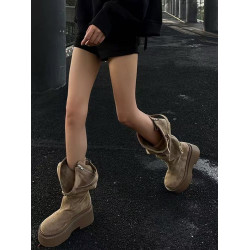 長筒靴女夏季2025新款小個子厚底增高長靴大西北穿搭棕色堆堆靴子