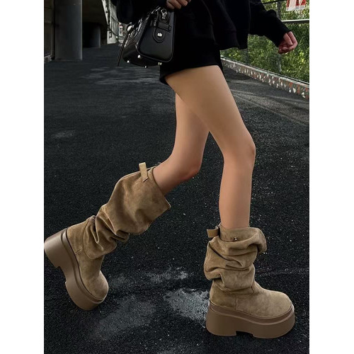 長筒靴女夏季2025新款小個子厚底增高長靴大西北穿搭棕色堆堆靴子