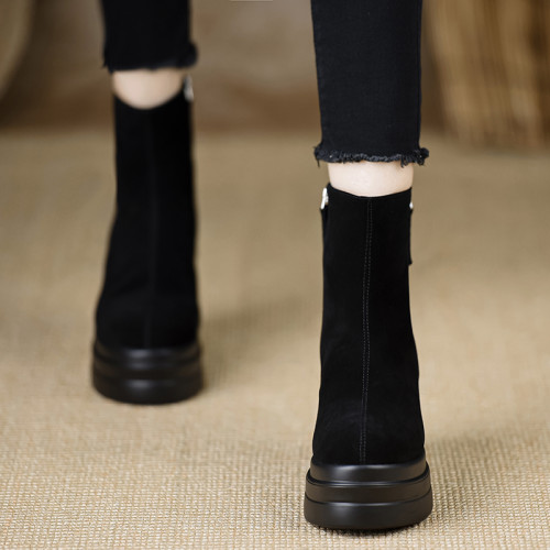 真皮圓頭厚底8CM坡跟短靴女2025年秋冬新款復古高跟磨砂馬丁靴子