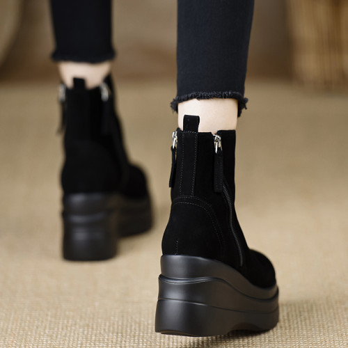 真皮圓頭厚底8CM坡跟短靴女2025年秋冬新款復古高跟磨砂馬丁靴子