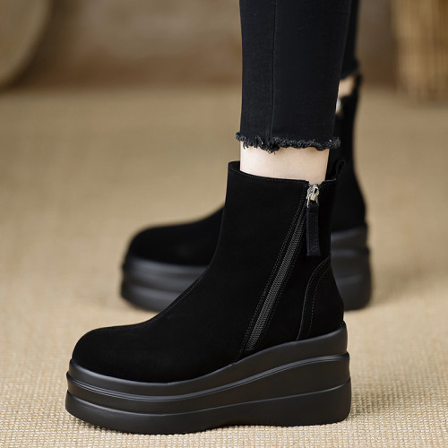 真皮圓頭厚底8CM坡跟短靴女2025年秋冬新款復古高跟磨砂馬丁靴子