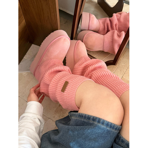 【羊絨版】兩穿可拆卸套筒粉色雪地靴女冬季厚底保暖加絨堆堆靴子