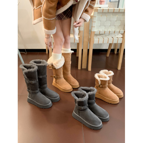 真皮~厚底灰色雪地靴女2025冬季新款加厚絨增高搭釦長筒雪地棉鞋