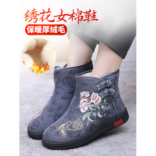 冬季老北京布鞋女棉鞋民族風短靴加絨保暖媽媽鞋風綉花女棉靴