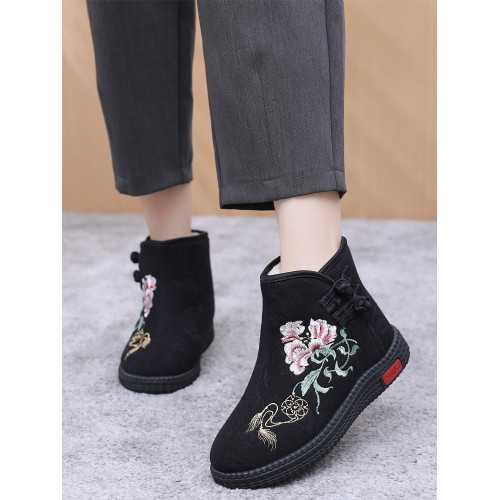 冬季老北京布鞋女棉鞋民族風短靴加絨保暖媽媽鞋風綉花女棉靴