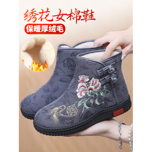 冬季老北京布鞋女棉鞋民族風短靴加絨保暖媽媽鞋風綉花女棉靴
