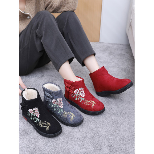 冬季老北京布鞋女棉鞋民族風短靴加絨保暖媽媽鞋風綉花女棉靴
