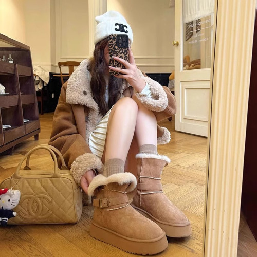 皮毛一體厚底中筒雪地靴女2026新款冬季兩穿加絨加厚東北雪地棉鞋