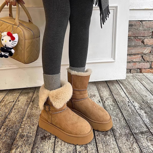 皮毛一體厚底中筒雪地靴女2026新款冬季兩穿加絨加厚東北雪地棉鞋