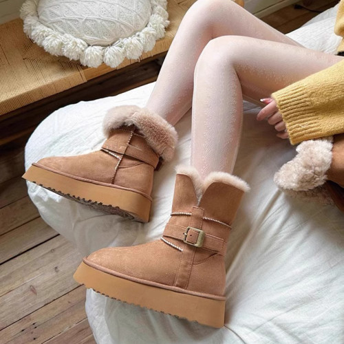 皮毛一體厚底中筒雪地靴女2026新款冬季兩穿加絨加厚東北雪地棉鞋