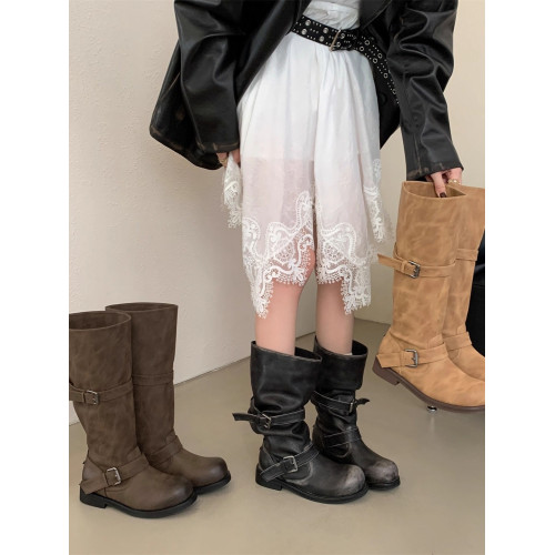 2025秋冬新款韓版寬筒真皮厚底高短筒兩穿靴女堆堆長筒靴女騎士靴