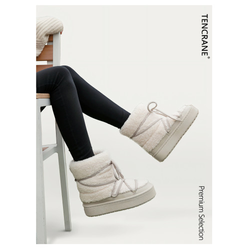 TENCRANE毛絨雪地靴女冬季加絨保暖防滑厚底短靴時尚百搭白色靴子