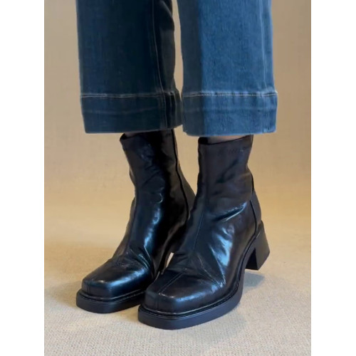 牛皮~粗跟法式小短靴女2025新款冬季加絨馬丁靴高跟瘦瘦切爾西靴