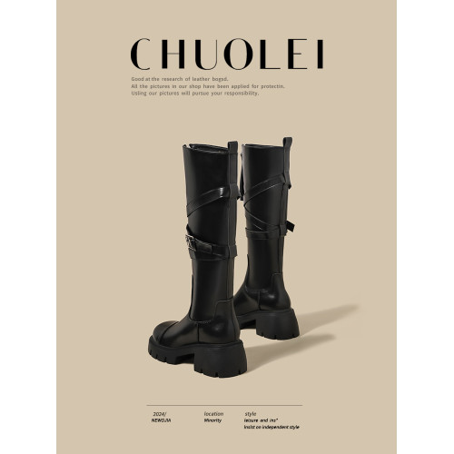 黑色長筒靴女春季新款超火設計感小衆皮帶釦厚底不過膝騎士靴子