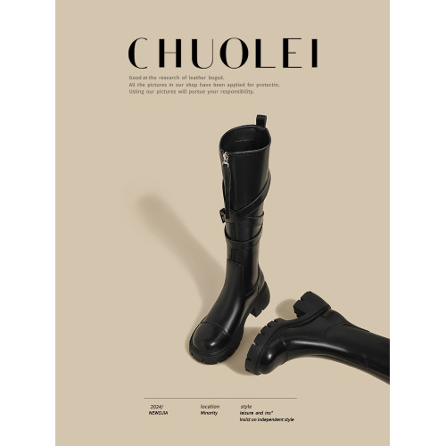 黑色長筒靴女春季新款超火設計感小衆皮帶釦厚底不過膝騎士靴子