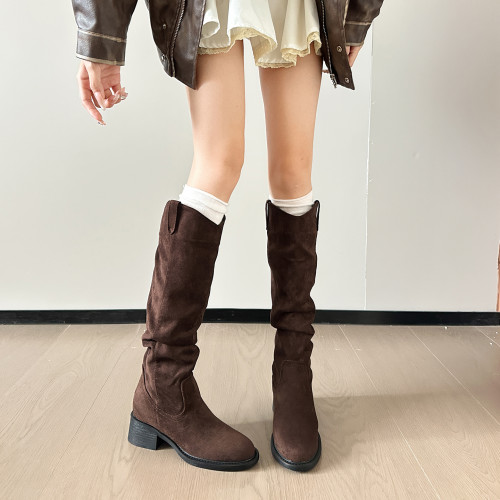 內增高長筒靴女 秋冬2025新款不過膝高筒瘦瘦堆堆靴西部牛仔靴33