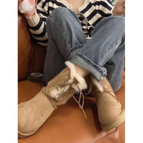 洋氣雪地靴女2025冬季新款平底厚底短筒靴加絨加厚東北系帶棉鞋