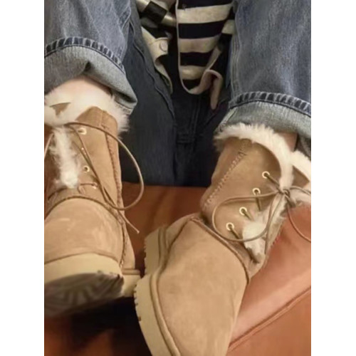 洋氣雪地靴女2025冬季新款平底厚底短筒靴加絨加厚東北系帶棉鞋