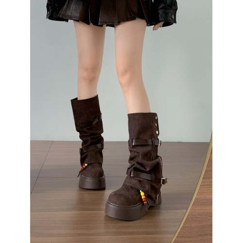 美拉德棕色復古厚底增高靴子女2025新款秋冬配裙子兩穿褲琯中筒靴