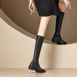 法式2025秋冬新款真皮圓頭粗跟騎士靴女復古不過膝長靴瘦瘦靴長筒