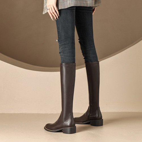 法式2025秋冬新款真皮圓頭粗跟騎士靴女復古不過膝長靴瘦瘦靴長筒 法式2025秋冬新款真皮圓頭粗跟騎士靴女復古不過膝長靴瘦瘦靴長筒