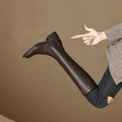 法式2025秋冬新款真皮圓頭粗跟騎士靴女復古不過膝長靴瘦瘦靴長筒 法式2025秋冬新款真皮圓頭粗跟騎士靴女復古不過膝長靴瘦瘦靴長筒