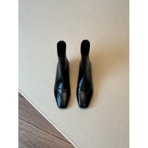 牛皮版~法式復古方頭瘦瘦靴女秋冬百搭後拉鍊短靴通勤粗跟馬丁靴